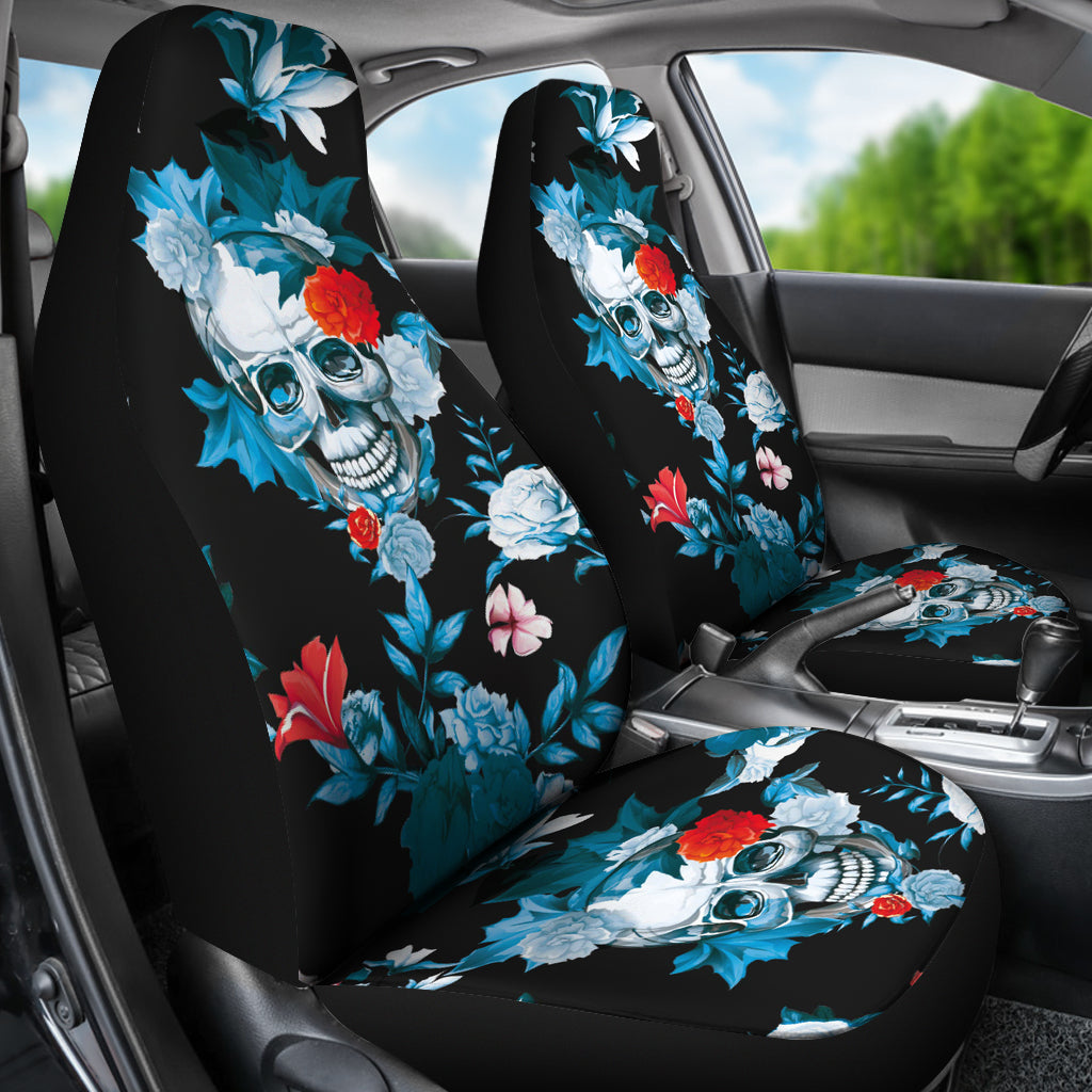 Set 2 pcs Floral sugar skull day of the dead skull car seat covers