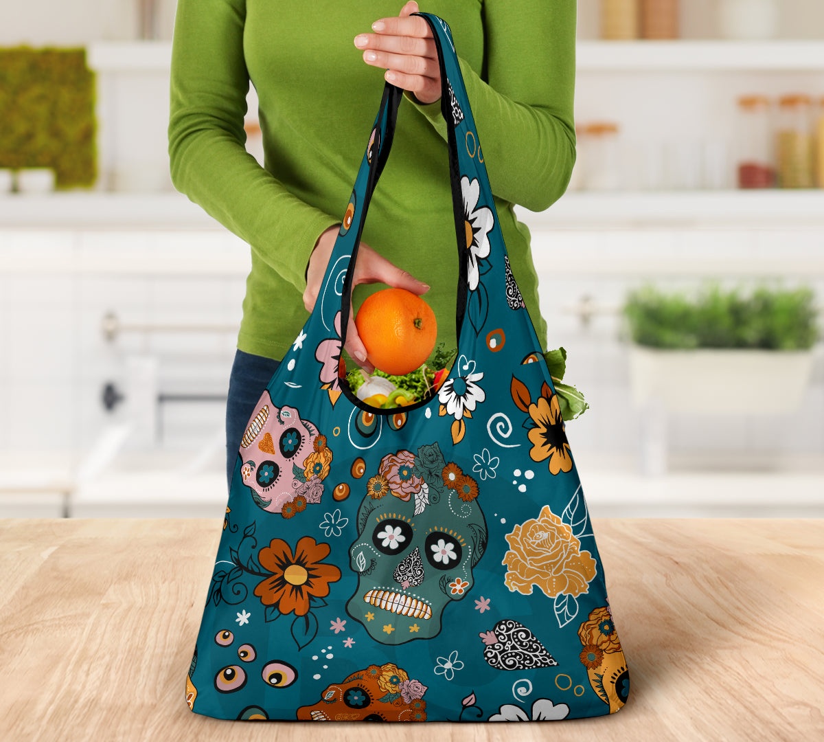 Set of 3 pcs sugar skull grocery bags