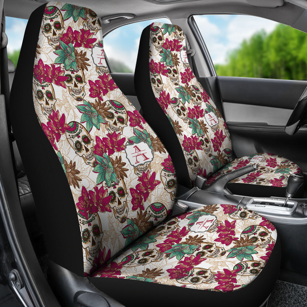 Set of 2 pcs sugar skull car seat covers