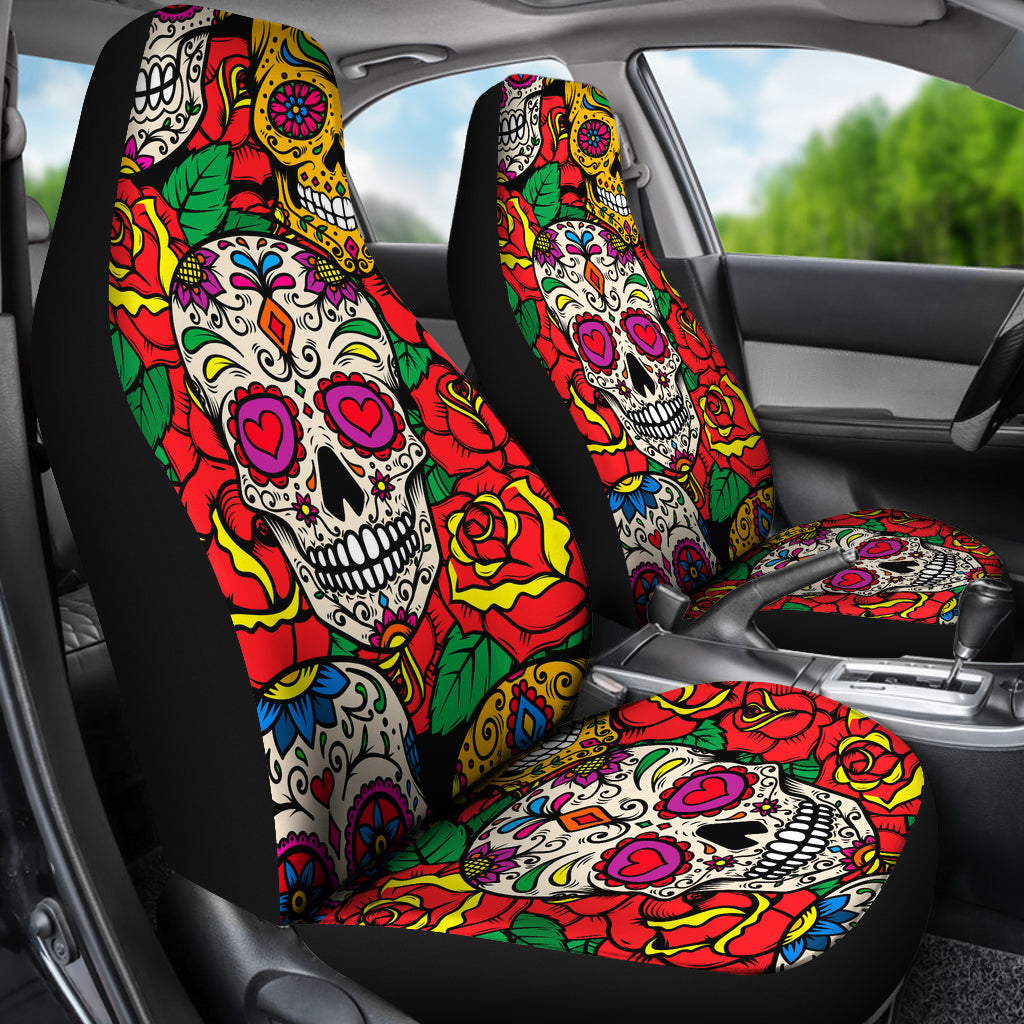 Set 2 pcs Floral sugar skull day of the dead skull car seat covers