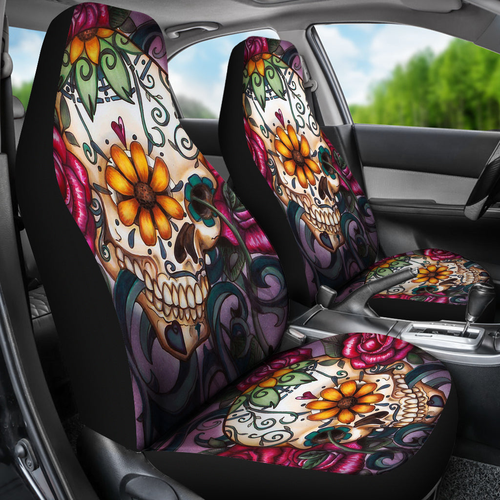 Set 2 seat cover floral rose sugar skulls