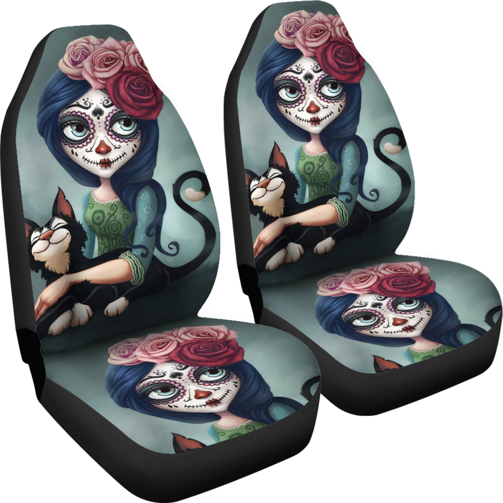 Set 2 pcs Floral sugar skull day of the dead skull car seat covers
