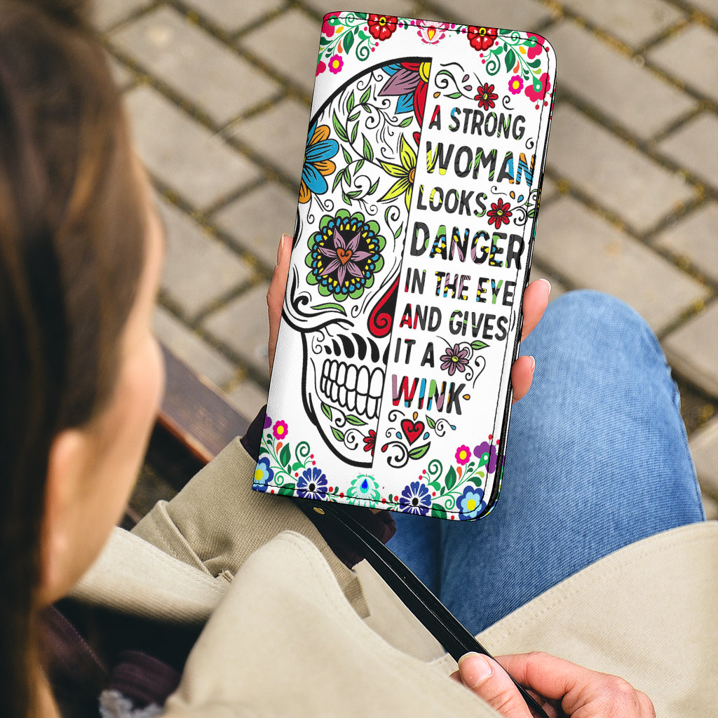 Sugar skull Long Wallet With Black Hand Strap