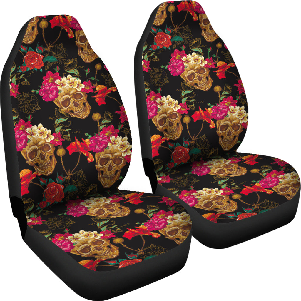 Set 2 pcs Floral sugar skull day of the dead skull car seat covers