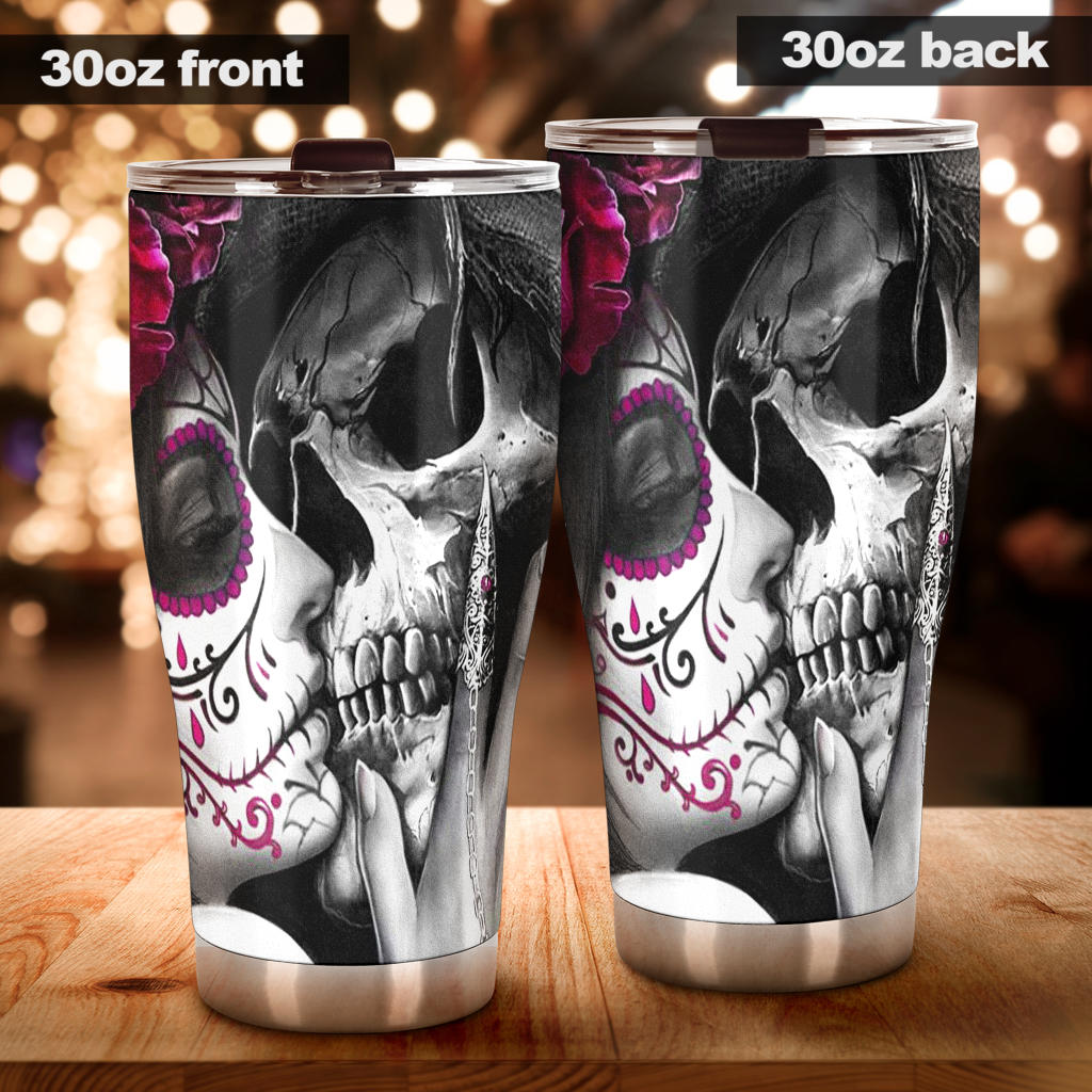 Sugar skull girl kiss grim reaper tumbler cup