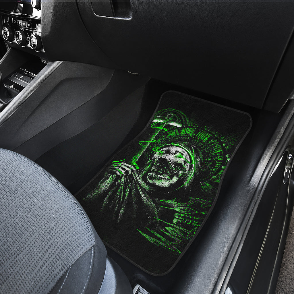 Set of 4 pcs green flaming skull car mats