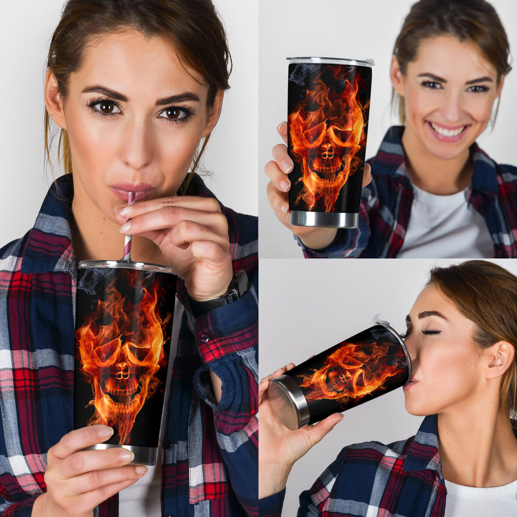 Flaming skull tumbler cup