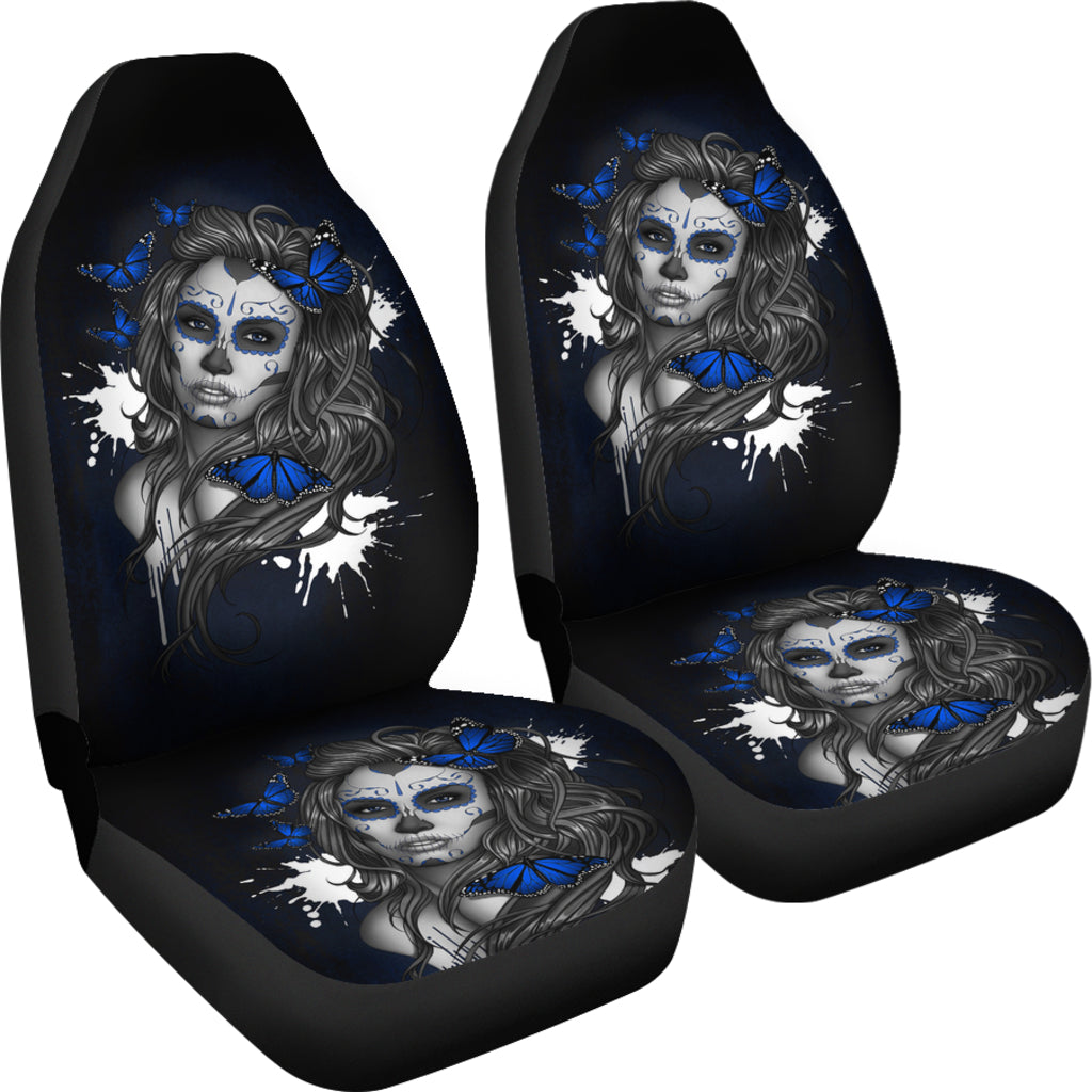 Set 2 seat cover sugar skulls beautiful girl car seat cover