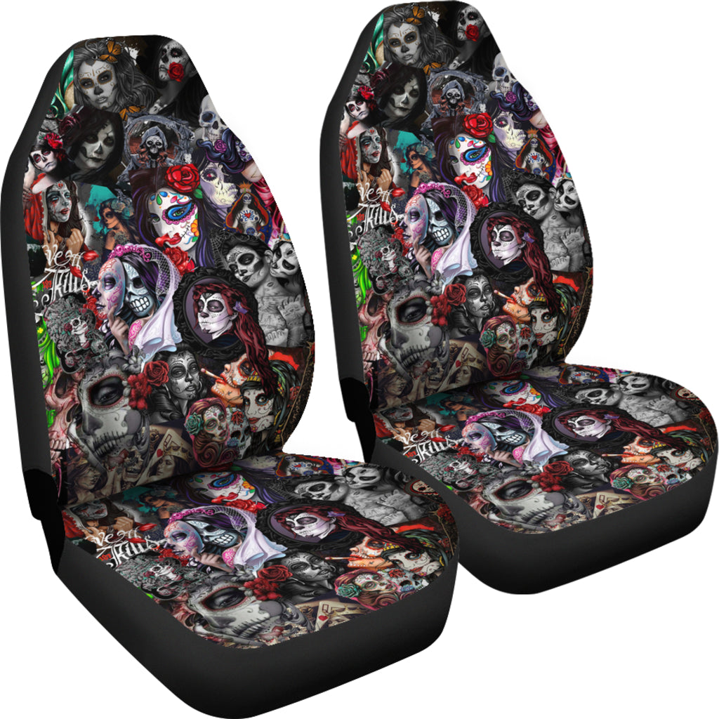 Set 2 sugar skull car seat covers