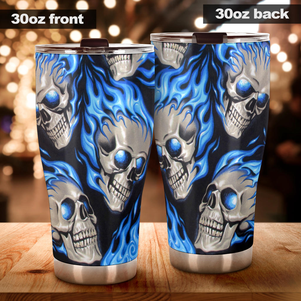 Flaming fire skull tumbler mug cup
