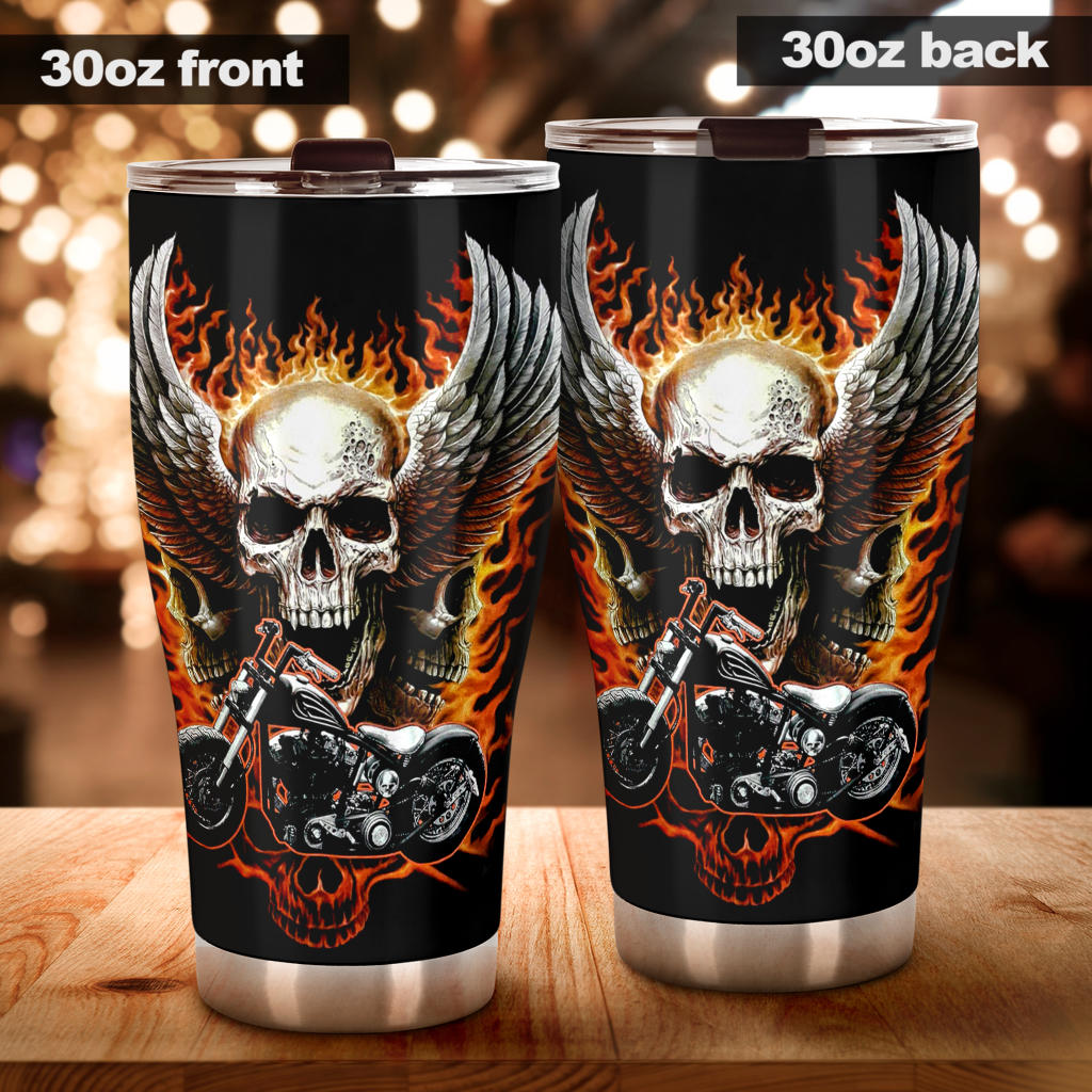 Motorcycle biker skull tumbler cup mug