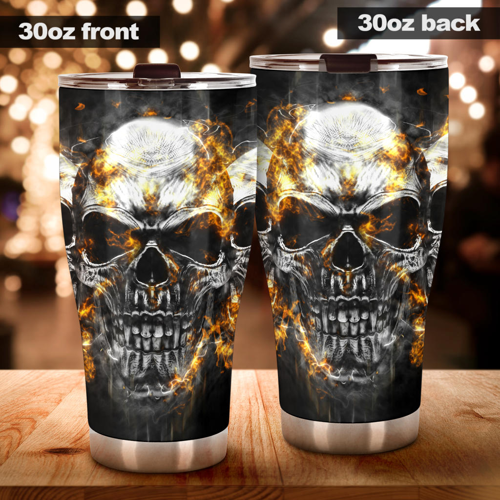 Flaming fire gothic skull tumbler cup mug