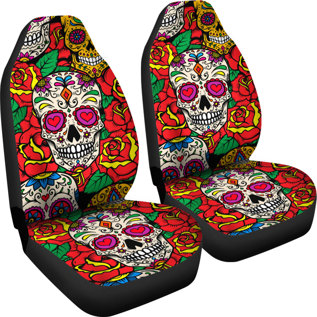 Set 2 pcs Floral sugar skull day of the dead skull car seat covers