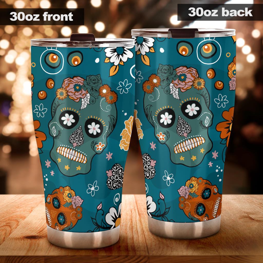 Sugar skull floral tumbler mug cup