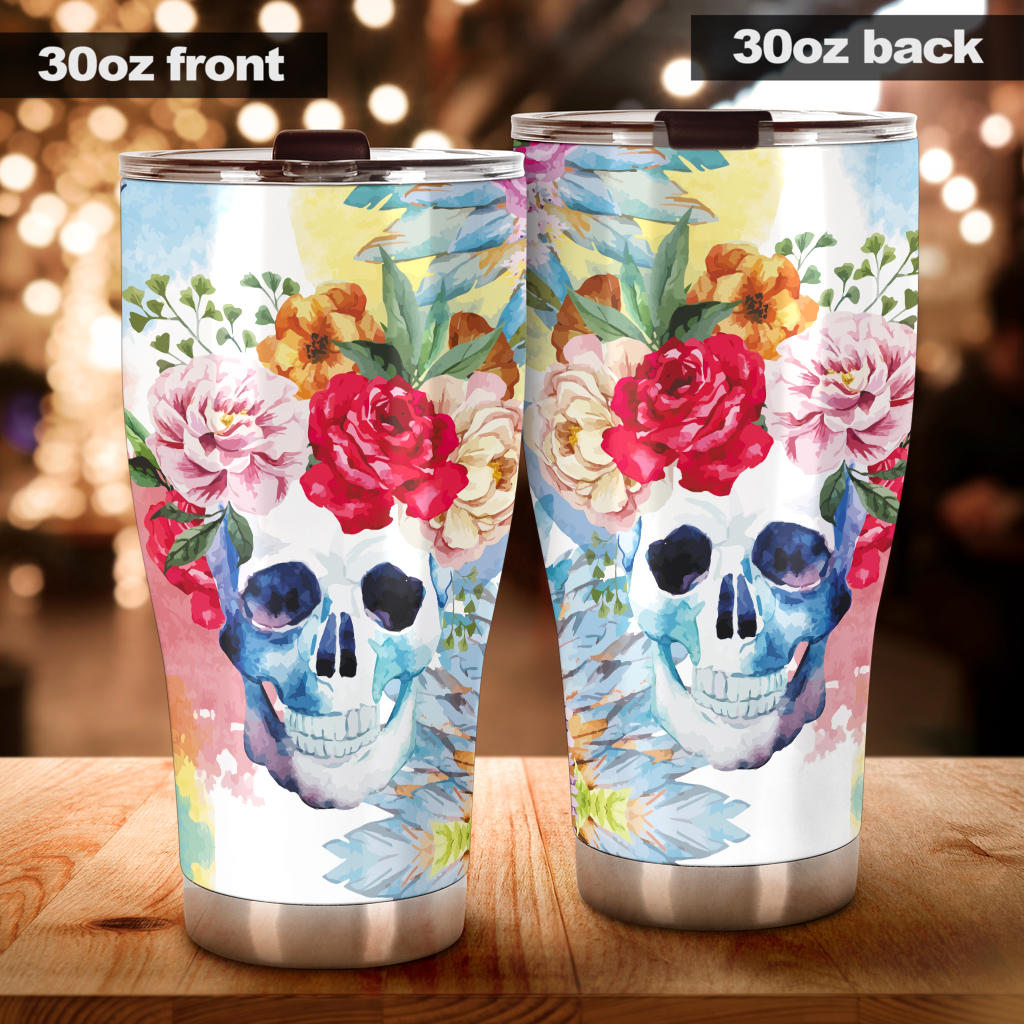 Flower skull tumbler cup mug, grim reaper tumbler cup mug, horror freezer Mug, halloween tumblr, skull freezer Mug, skull in fire coffee mug