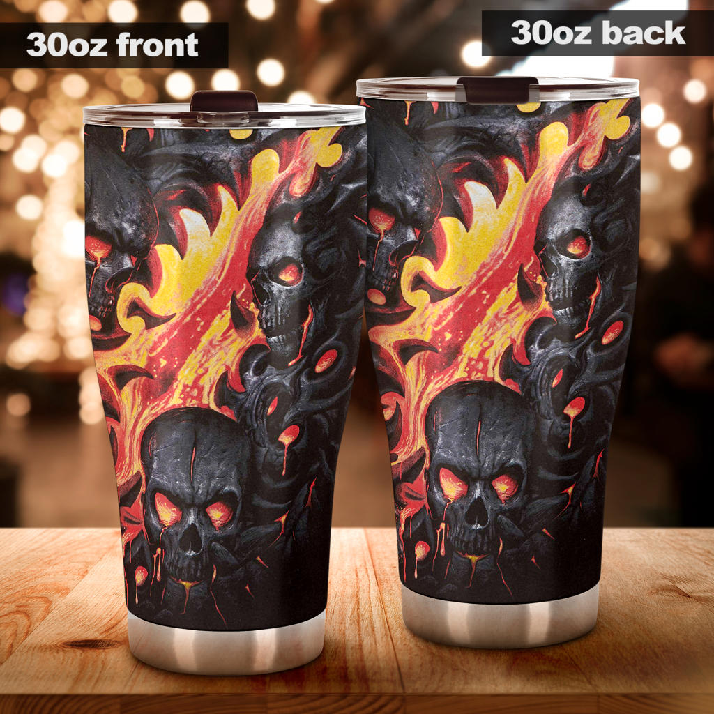Biker skull travel mug, horror tumbler, flower skull tumblr, skeleton travel mug, evil freezer Mug,