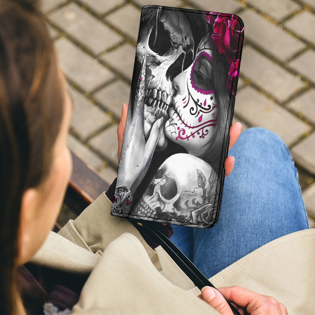 Sugar skull girl kiss grim reaper clutch wallet