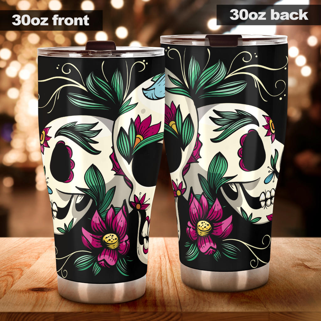 Sugar skull floral tumbler mug cup