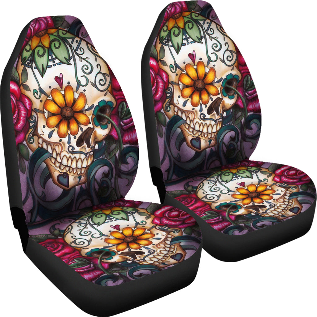 Set 2 seat cover floral rose sugar skulls