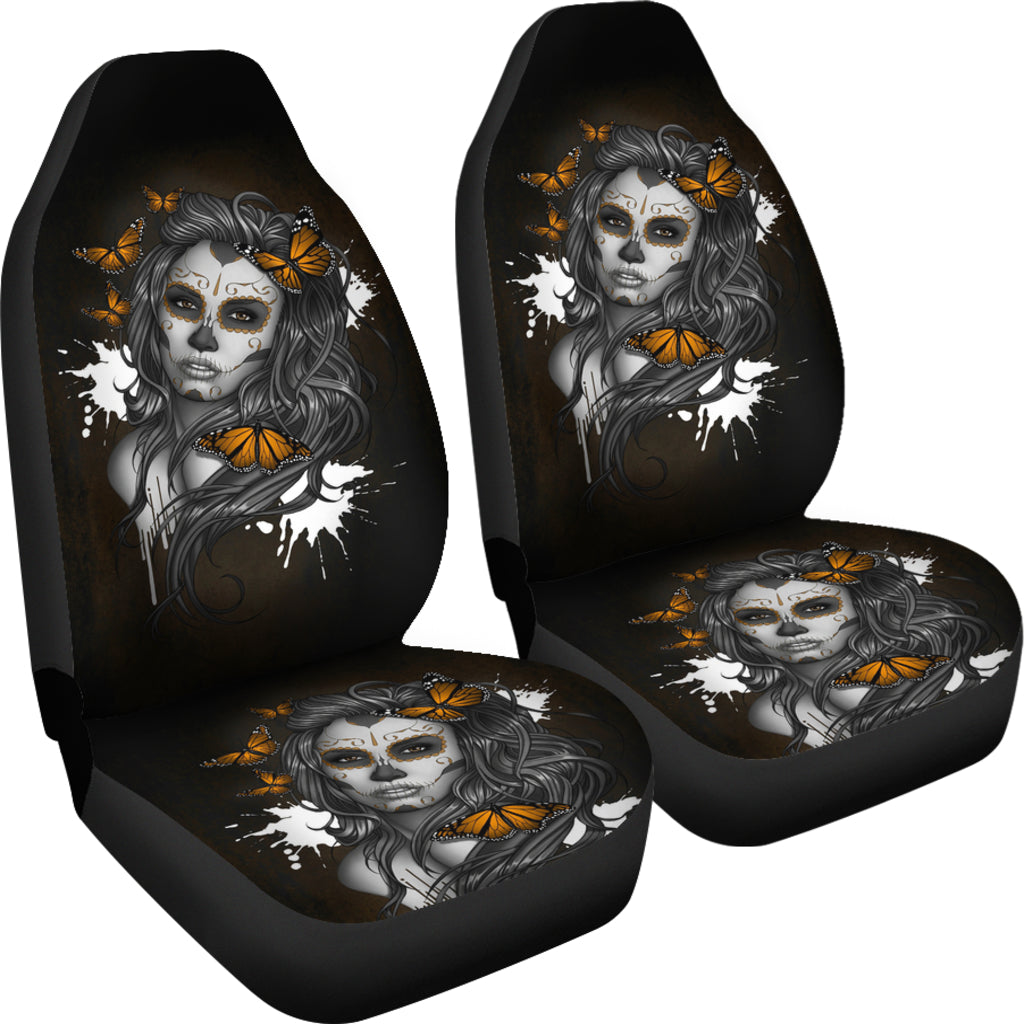 Set of 2 - Beauty girl sugar skull seat cover