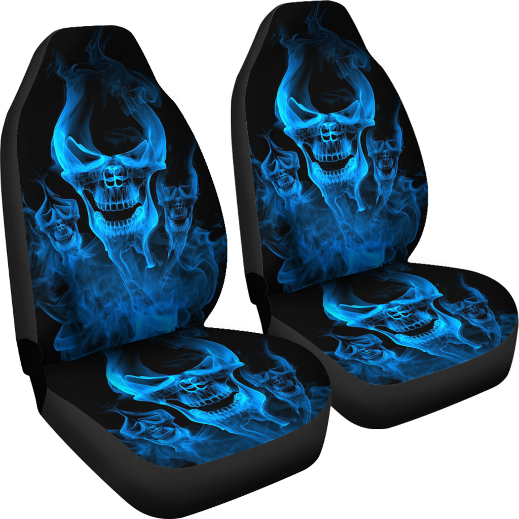 Set of 2 flaming fire skull car seat covers