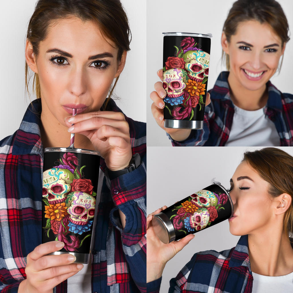 Floral rose sugar skull tumbler cup