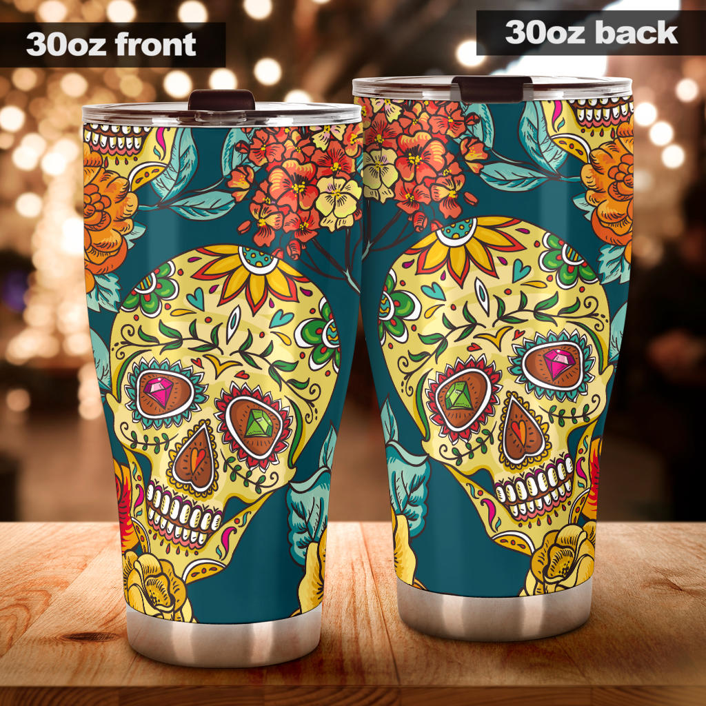 Sugar skull floral tumbler mug cup