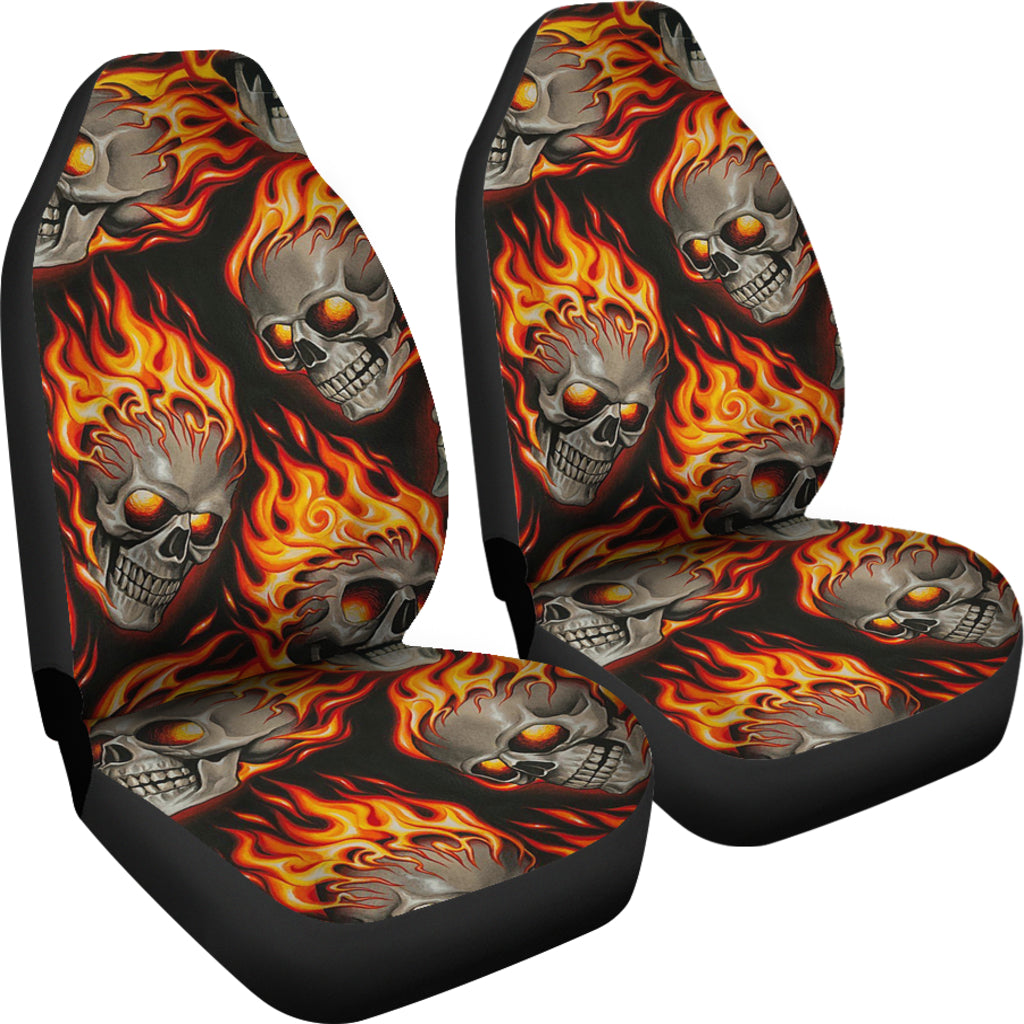 Set of 2 pcs flaming fire skulls car seat covers