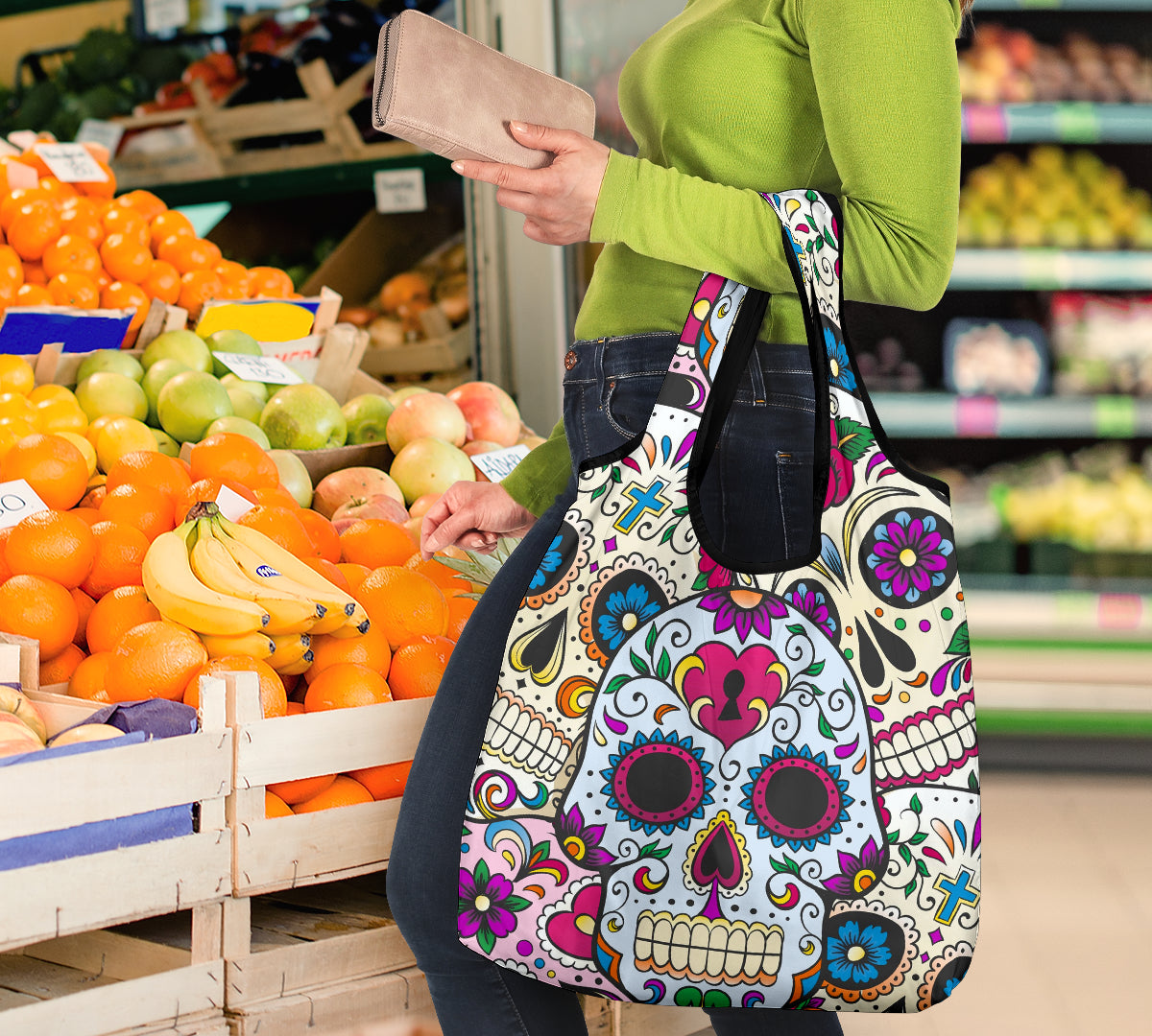 Set of 3 pcs Sugar skull grocery bags