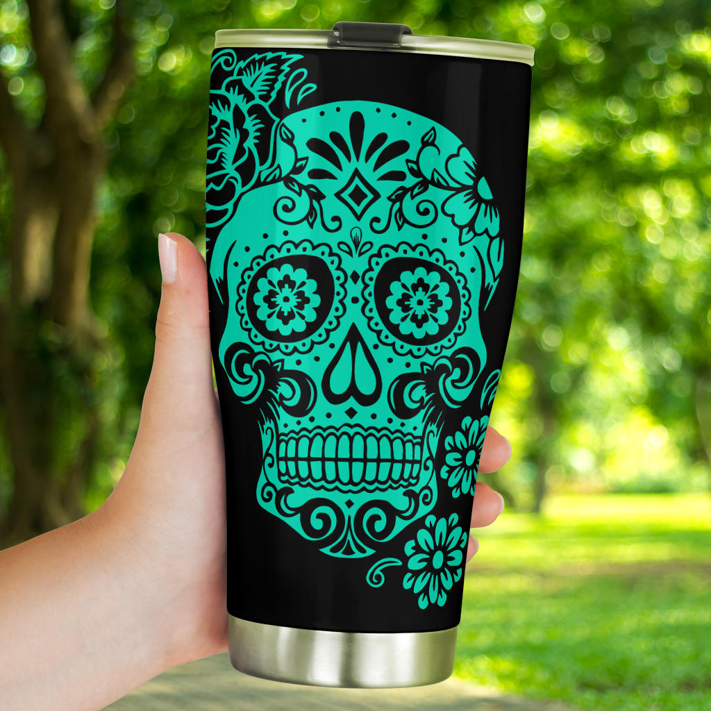 Day of the dead tumbler, floral skull travel mug, sugar skull girl freezer Mug, cinco de mayo skull cup, mexican skull beer mug