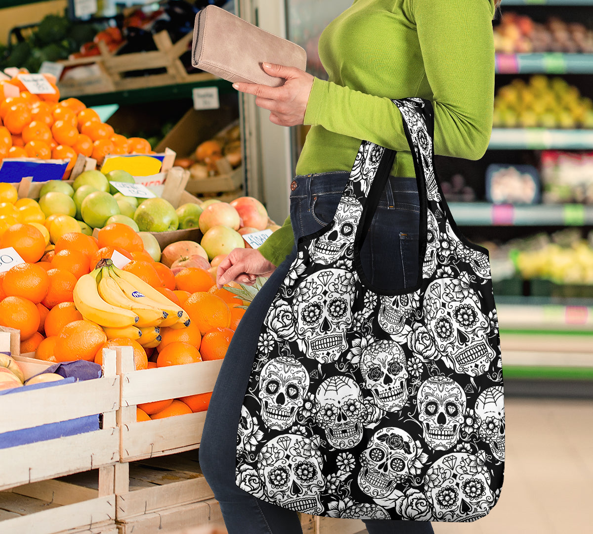 Set of 3 pcs sugar skull grocery bags