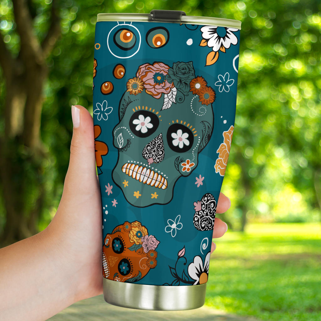 Sugar skull floral tumbler mug cup