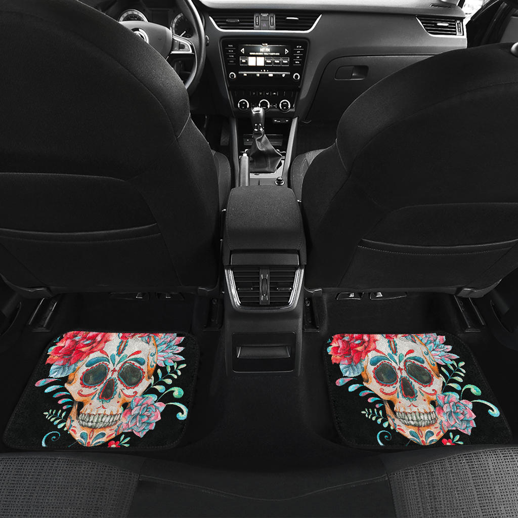 Set of 4 pcs floral sugar skull car mats
