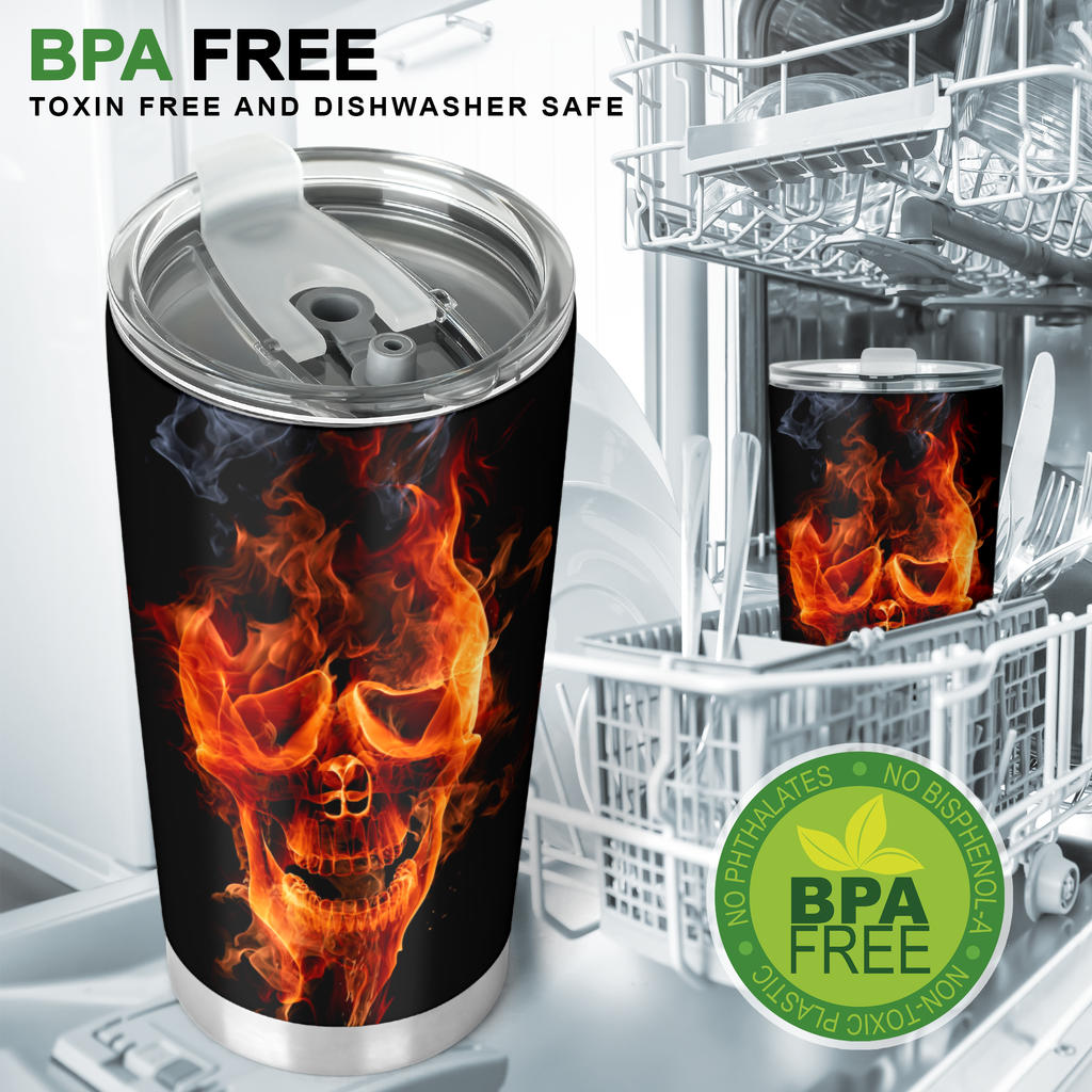 Flaming skull tumbler cup