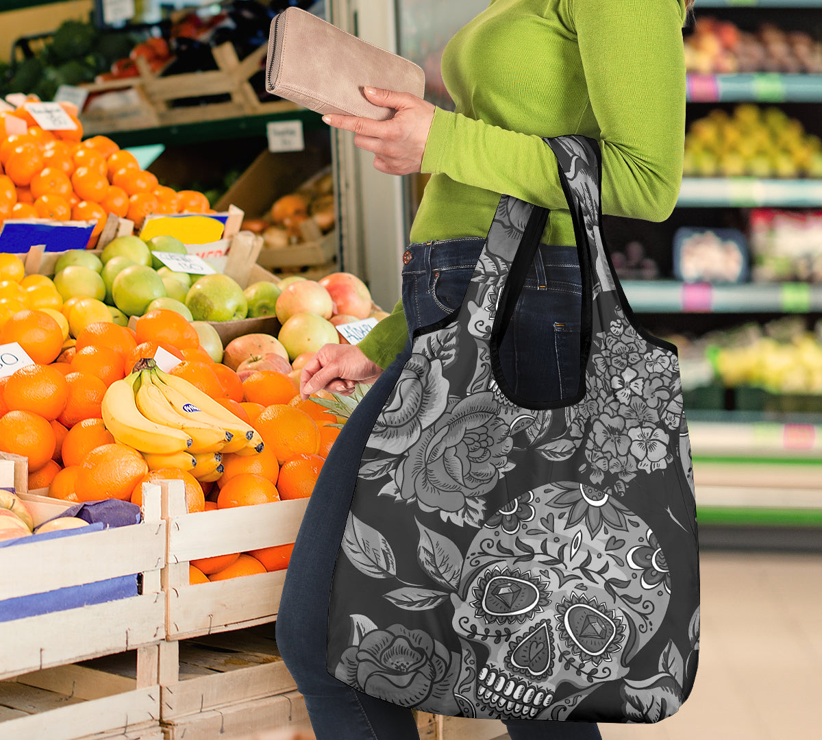 Set of 3 pcs Sugar skull grocery bags