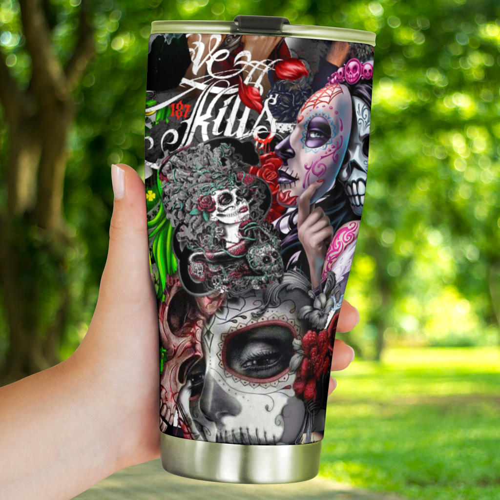 Sugar skull floral tumbler mug cup