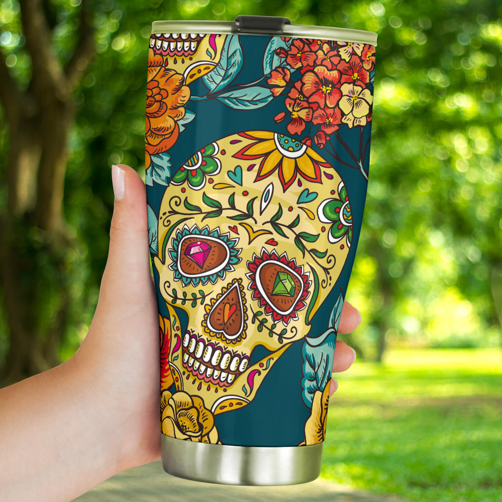 Sugar skull floral tumbler mug cup