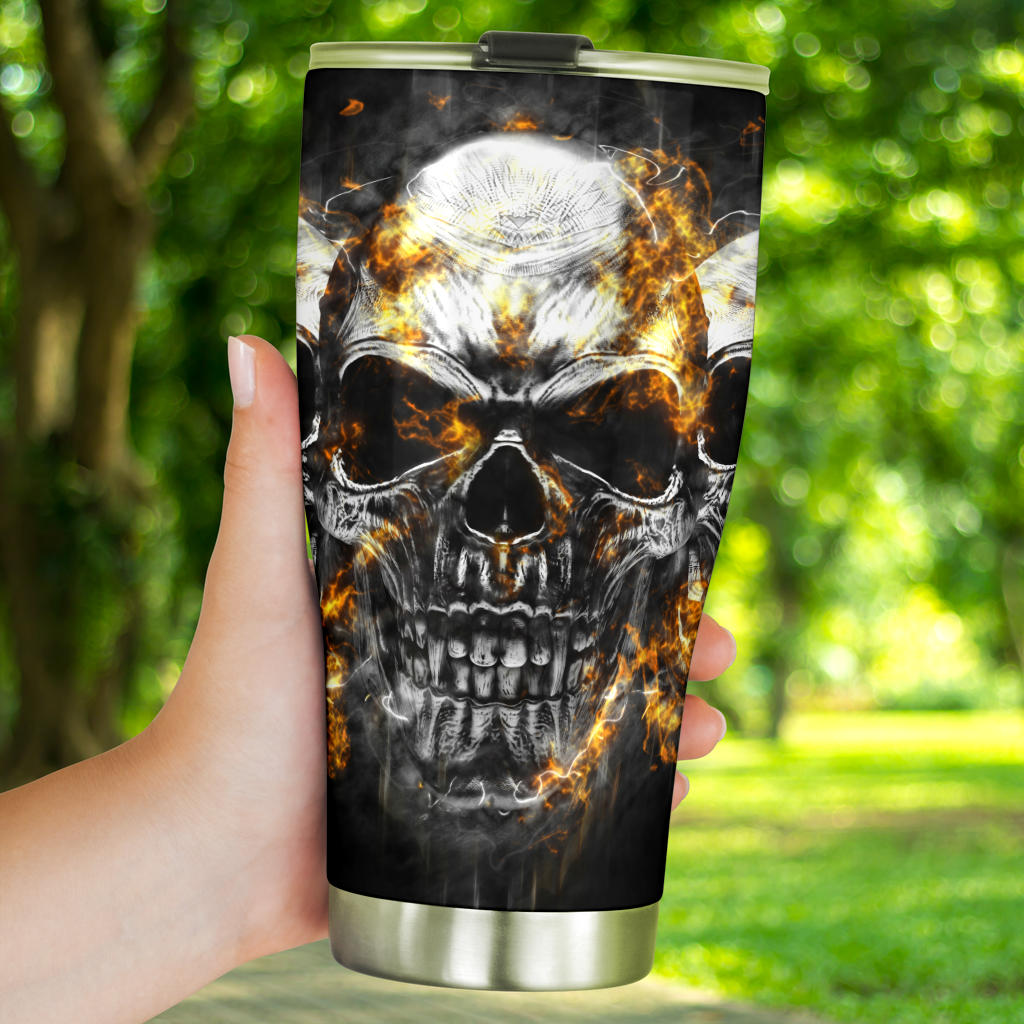 Flaming fire gothic skull tumbler cup mug