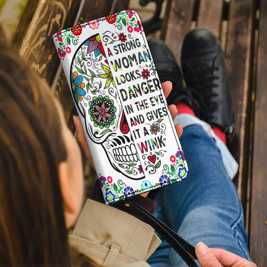 Sugar skull Long Wallet With Black Hand Strap