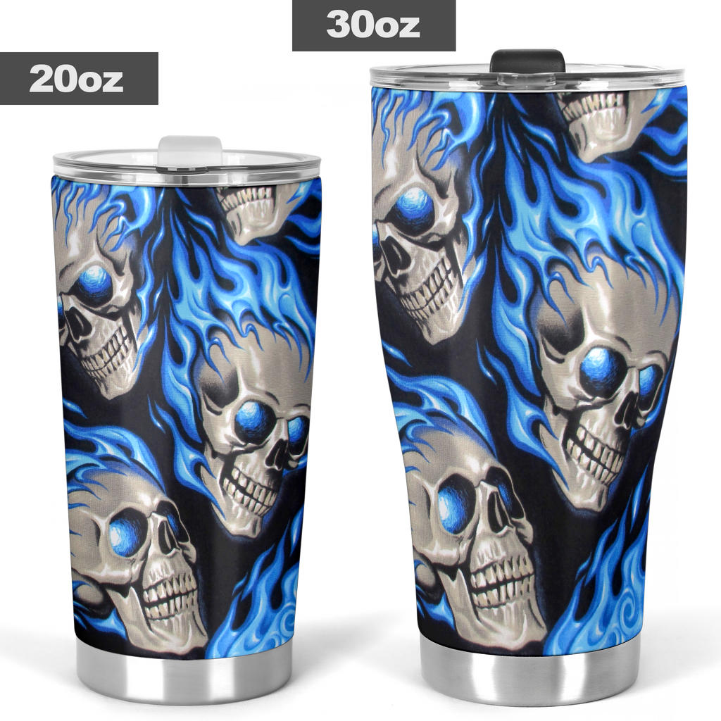 Flaming fire skull tumbler mug cup