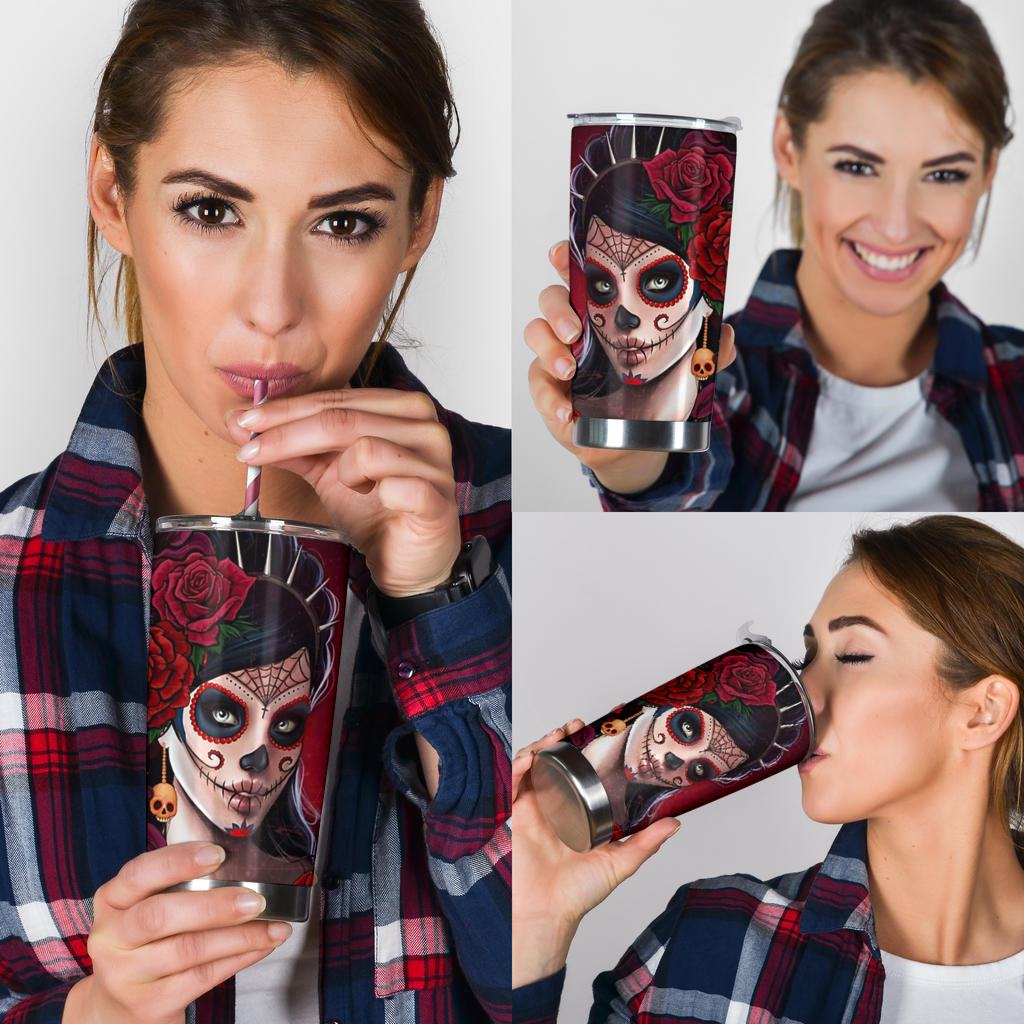 Sugar skull floral tumbler cup