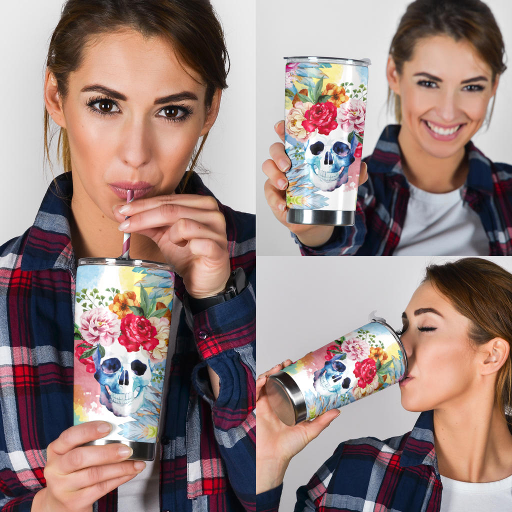 Flower skull tumbler cup mug, grim reaper tumbler cup mug, horror freezer Mug, halloween tumblr, skull freezer Mug, skull in fire coffee mug
