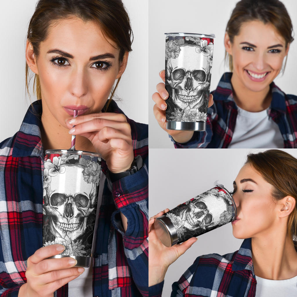 Floral skull tumbler mug cup