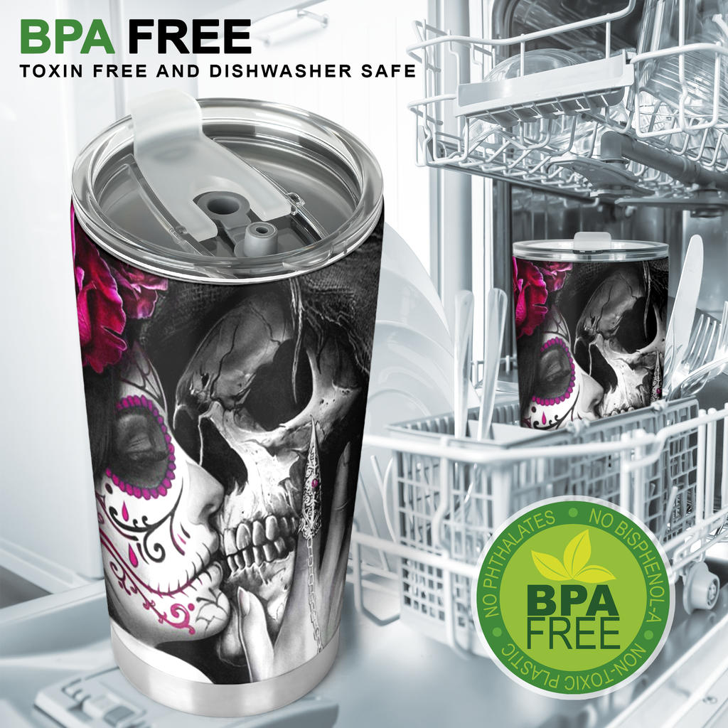 Sugar skull girl kiss grim reaper tumbler cup