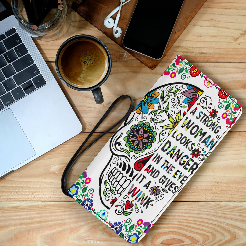 Sugar skull Long Wallet With Black Hand Strap
