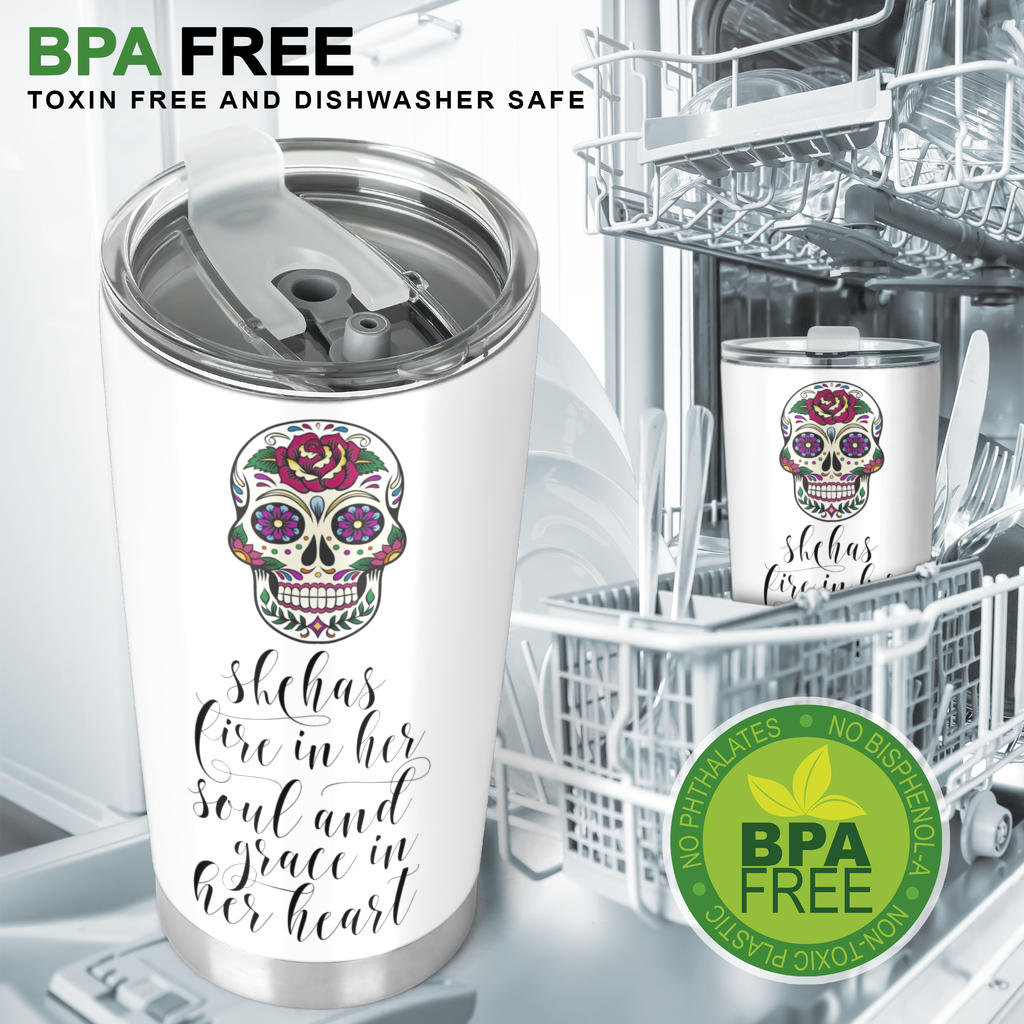 Sugar skull tumbler - She has fire in her soul and grace in her heart