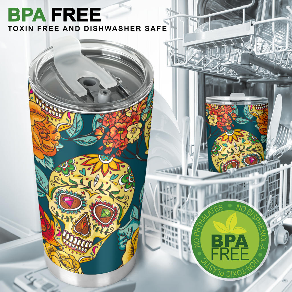 Sugar skull floral tumbler mug cup