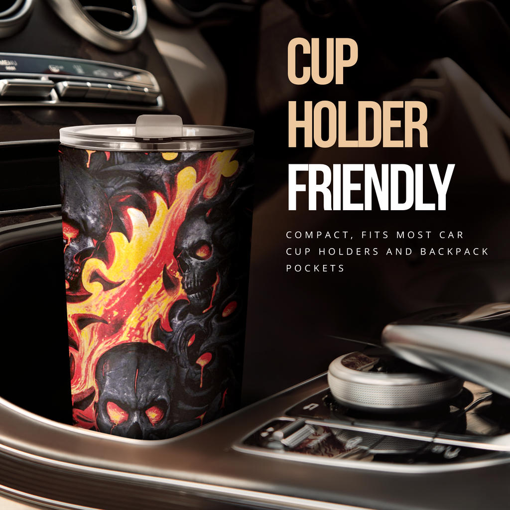 Biker skull travel mug, horror tumbler, flower skull tumblr, skeleton travel mug, evil freezer Mug,