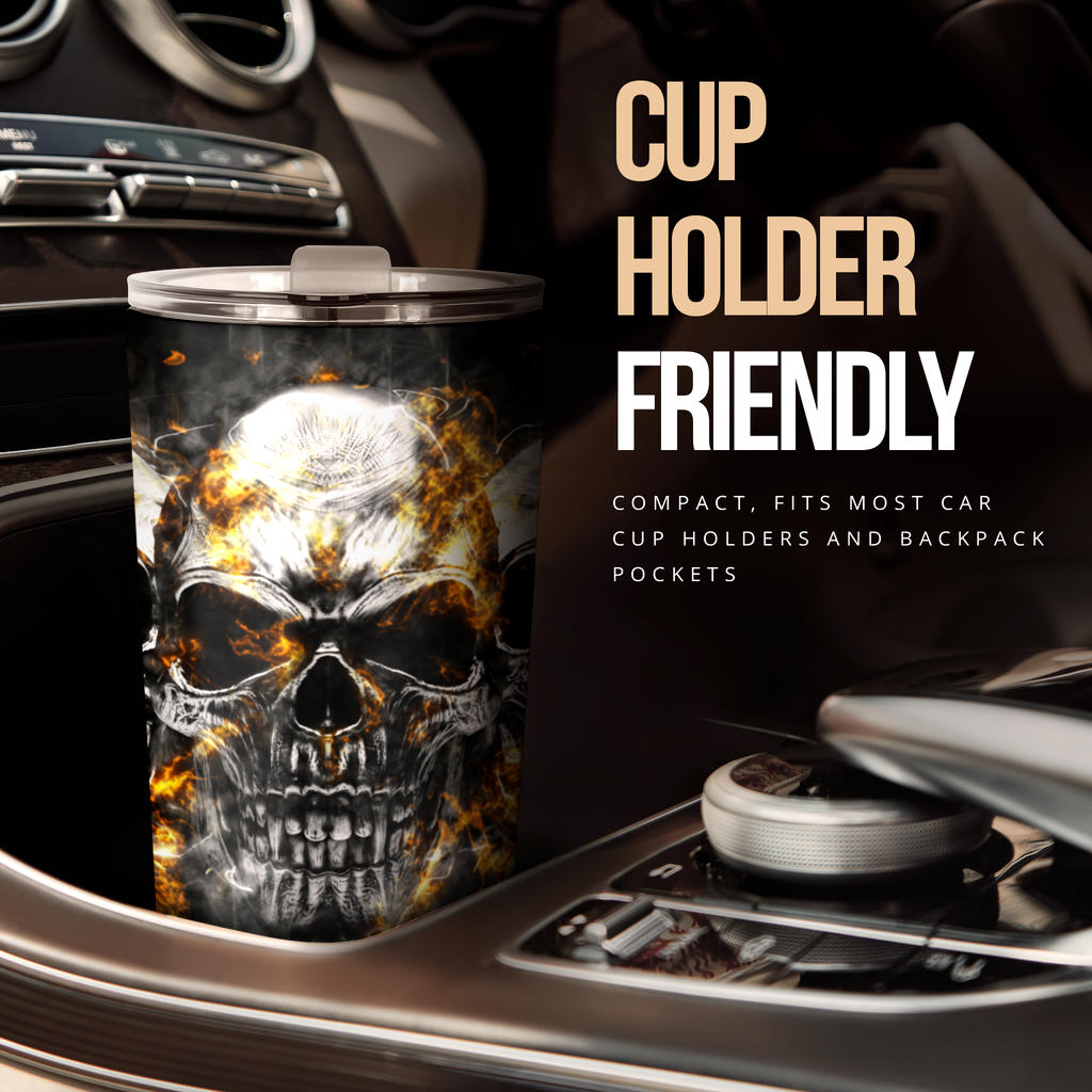 Flaming fire gothic skull tumbler cup mug