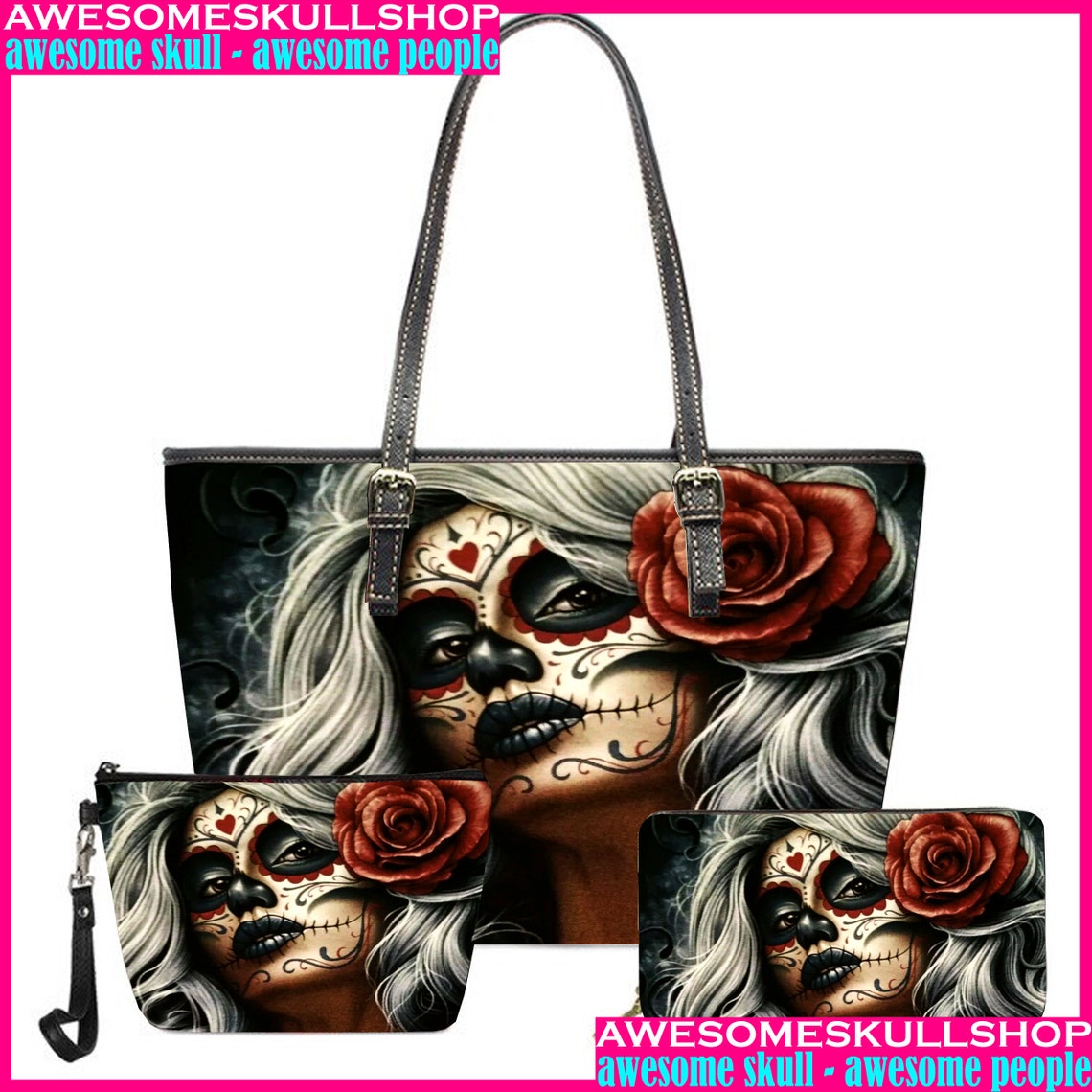 Sugar Skull Girl Design Brand Tote Bags Large Capacity Leather Shoulder Bag